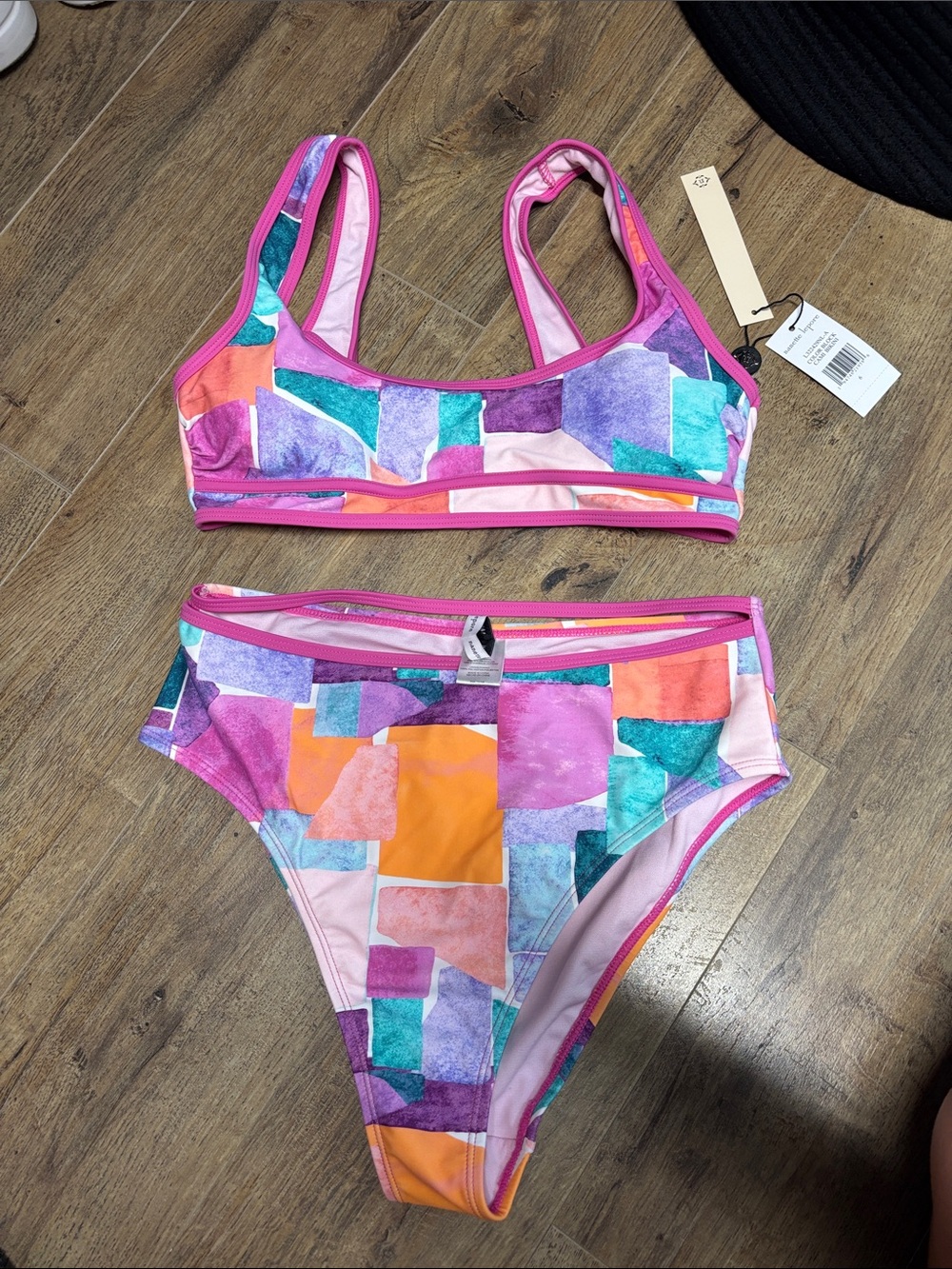 Nanette Lepore Multicolor Geometric Bikini with Hot Pink Trim
